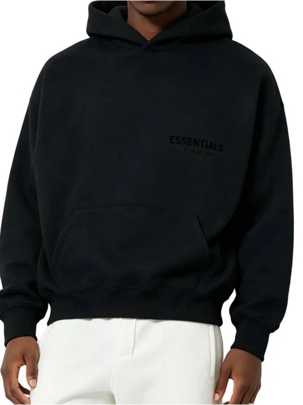 ESSENTIALS Men’s Black Crewneck Hoodie with Subtle Logo